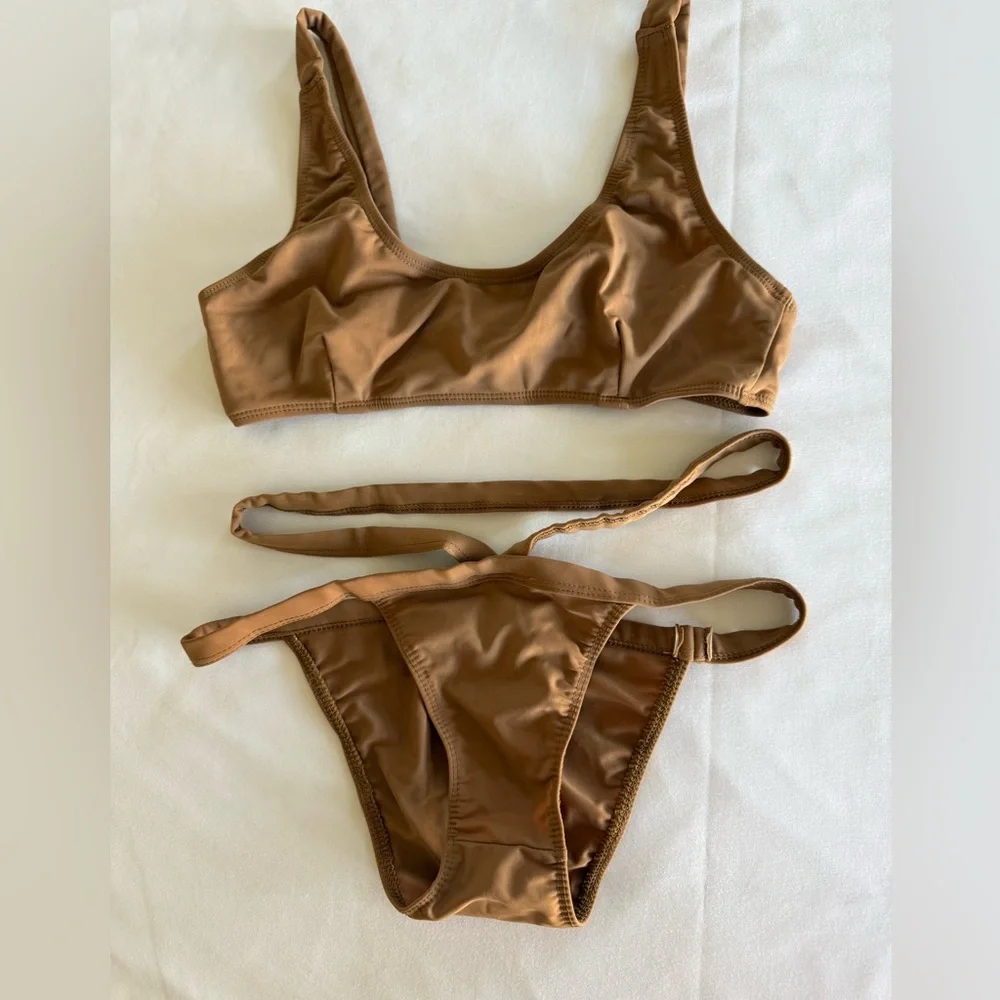 LIONESS Brown Bikini Set - Classic Scoop Top & 2 Waistband Bottom - XS